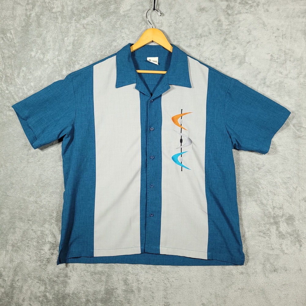 Lucky Paradise Mens Retro Bowling Shirt XL Teal Button Atomic Camp USA Made